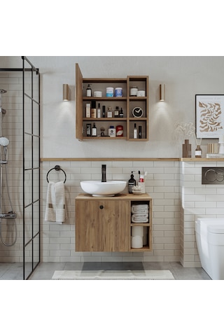 Lotus Lavabolu Mdf 65 Cm Banyo Dolabı + Aynalı Üst Dolap Atlantik Atlantik Çam