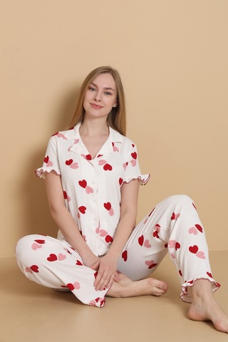 Wordex Mirano 3853 Kalp Desenli Bürümcük Gömlek Yaka Düğmeli Kısa Kollu Kadın Pijama Takımı Beyaz