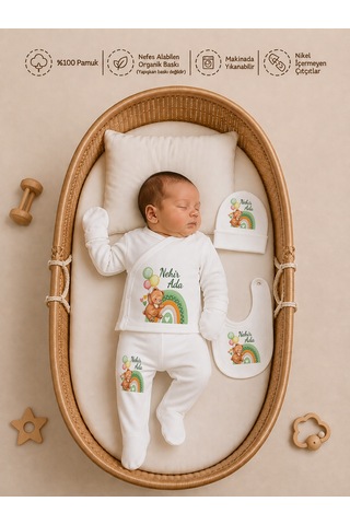 Pia Baby Kız Bebek 5'li Zıbın Seti %100 Pamuk İsimli Kişiye Özel Organik Baskılı 2083z3x Krem