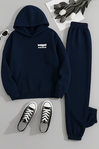 Unisex Wanted Baskılı Kapüşonlu Lacivert Eşofman Takımı - Kışlık Şardonlu Kumaş Lacivert
