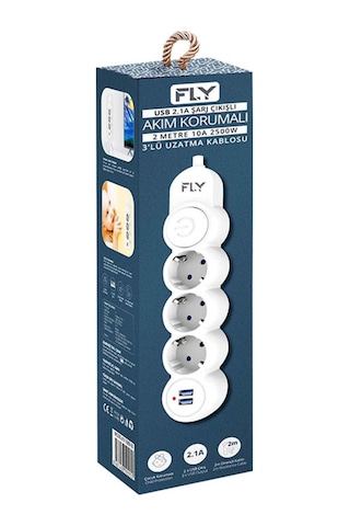 Fly -3393-01 Termal Akım Korumalı 3'lü Priz 2 Usb 2m 2.1a Uzatma Kablosu 2 M