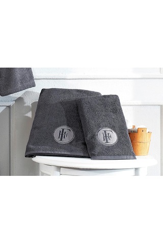 Finezza Troya %100Pamuk Biyeli Nakışlı Füme Bornoz Seti 3 Parça - Koyu Gri