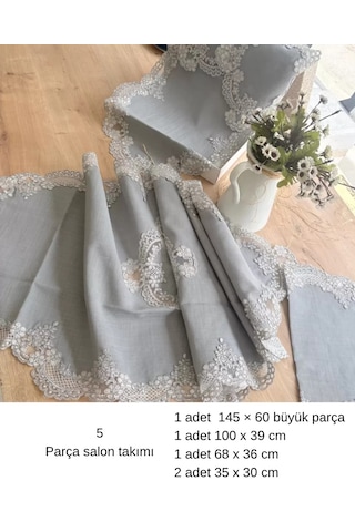 Çeyizlik Firuze Model Gri 5 Parça Keten Dantelli Salon Takımı Runner Seti Çok Renkli
