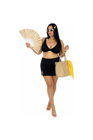 Büyük Beden Geniş Üçgen Kalın Askılı Yırtmaç Detaylı Sabit Pedli Kadın Bikini Takım Siyah