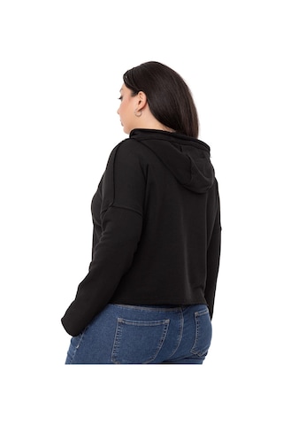 Büyük Beden Kapüşonlu Düşük Kollu Pis Dikişli Üç İplik Siyah Sweatshirt-siyah Siyah