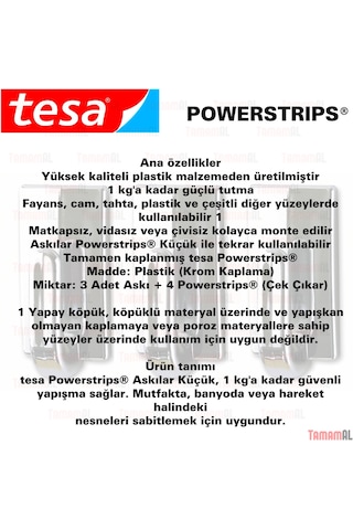 Tesa Alman Markası Sök Yapıştır 3 Adet Dikdörtgen Metalik Askı