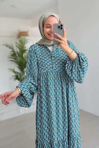 Geometrik Desenli Kuşaklı Elbise - Mavi Mavi