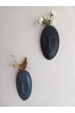 Dekoratif 2'li Yüz Duvar Vazosu, Duvar Süsü ,heykel Aksesuar Siyah Antrasit