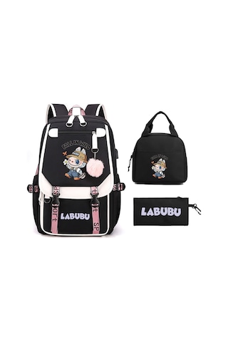 Karikatür Labubu Labubu Çocuk Okul Çantası Sırt Çantası Erkek Ve Kız Çocukları İçin Üç Parçalı Set Siyah 03