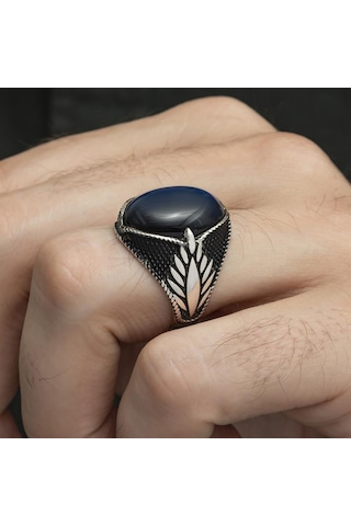 Mavi Kaplan Gözü Taşlı Oval 925 Gümüş Erkek Yüzük