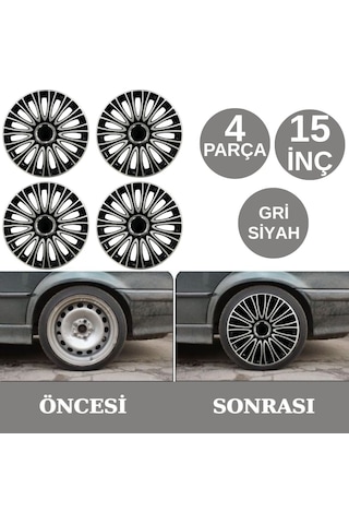 Jant Kapağı Takımı Abiyes 15 İnç Tüm Jantlar İle Uyumlu Tekerlek Göbeği Koruyucu 4 Parça Gri Siyah Glz02702396