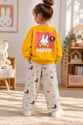Tucankids Kız Çocuk Miffy Tavşan Baskılı 2'li Eşofman Takımı %100 Pamuk 3 İplik Şardonsuz Sweatshirt Ve Desenli Pantolon 2-8 Yaş Sarı