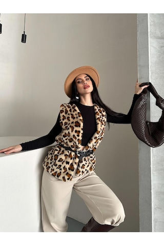 Ribana Kadın Mevsimlik Kahve Slim Fitt Astarlı Sıfır Kol Kemerli Leopar Desenli Şık Peluş Yelek 4940 Siyah Kahve Bej