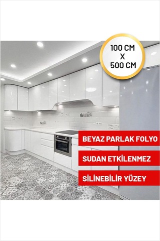 Parlak Beyaz Yapışkanlı Folyo Mutfak Dolap Ve Mobilya Kaplama Folyosu-100x500 Cm