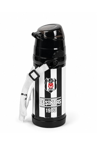 Beşiktaş Lisanslı Silikon Pipetli Çelik Matara - Çubuklu Desenli Paslanmaz Su Matarası 425 ML
