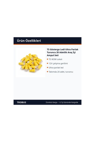 Trobus T5 Gösterge Ledi Ultra Parlak Turuncu 20 Adetlik Araç İçi Ampul Seti