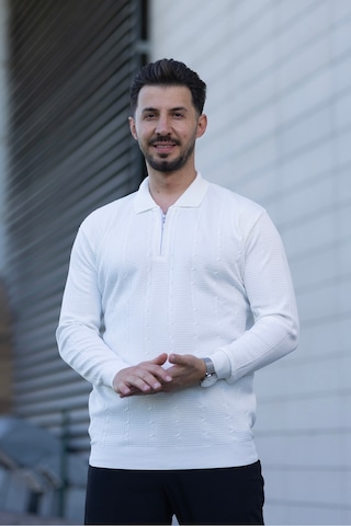 Hk Premium Triko Kazak Polo Yaka Fermuarlı Slim Fit Beyaz