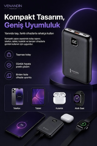 Cep Telefonu Uyumlu 10000 Mah Dijital Göstergeli Hızlı Şarj Powerbank Çok Renkli
