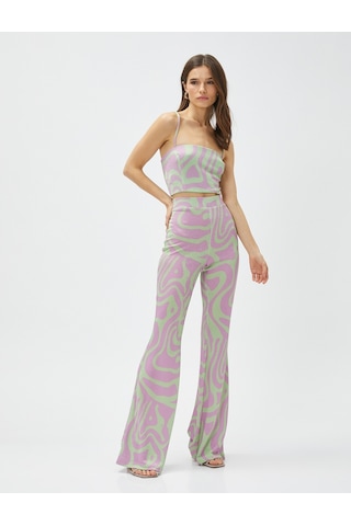 Koton Abiye Bluz Crop Askılı Kare Yaka Simli Yeşil Desenli 3sak60017fk 3SAK60017FK7D6