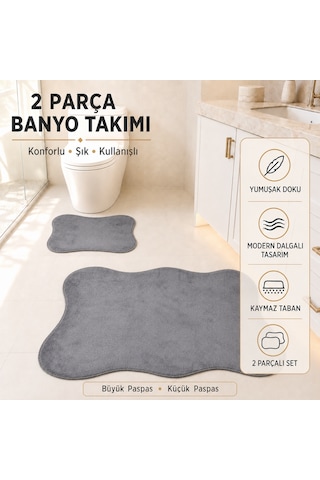 2 Li Banyo Paspası Halısı Seti Kaymaz Tabanlı Yıkanabilir Klozet Takımı Gri