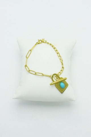 Altın Kaplama Seri Kararmaz Turkuaz Taşlı Kilit Çelik Bilek Gold Altın