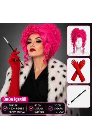 Astrid T Etkinlik Ürünü Renkli Set Dans Aksesuarı Neon Bukleli Pembe Peruk Uzun Kumaş Kırmızı Eldiven