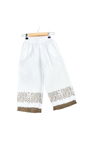 Çikoby Kız Çocuk Baskılı Etnik Desenli Müslin Bol Paça Pantolon-15687 Ekru