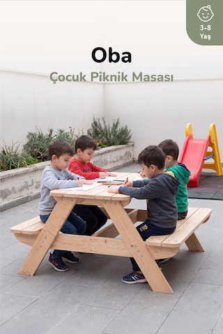 Ovlo Ahşap Çocuk Bahçe Masası Şemsiye Delikli 3-8 Yaş 4 Kişilik Oba Naturel