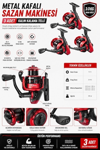 Profesyonel 3 Lü Sazan Olta Takımı - 3.30mt- Kırılmaz Kamış Metal Kafa Makine