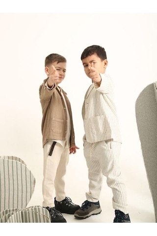 Nanica Kids Erkek Çocuk Beli Kemerli Keten Pantolon-15703 Krem