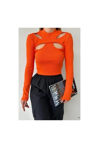 DefyModa Kadın Modern Sandy Kumaş Dik Yaka Uzun Kollu Bluz Turuncu