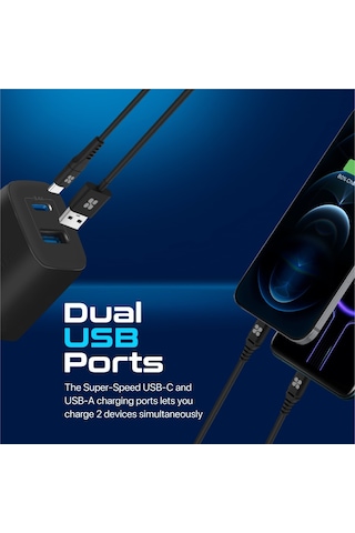 Promate BiPlug-2 17W Yüksek Hızlı Şarj Cihazı, 5V/3A Type-C, 5V/2,4A USB Duvar Şarj Adaptörü, Aşırı Şarj Koruma