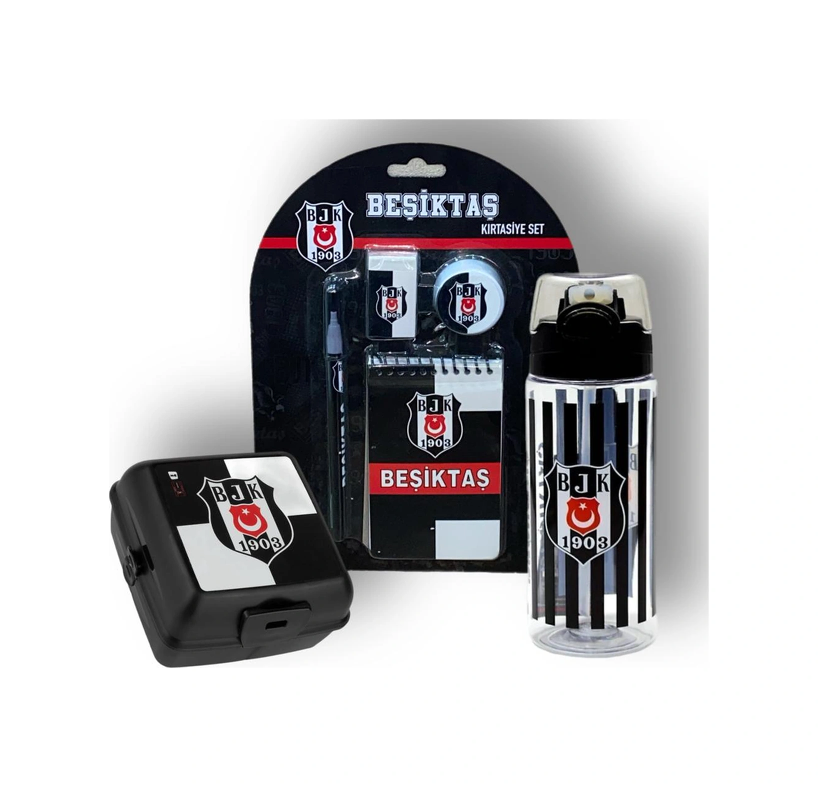 Beşiktaş Taraftar 4 Bölmeli Beslenme Kutusu Çizgili 500 Ml Matara Kırtasiye Seti Siyah - Beyaz