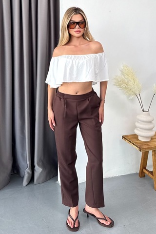 Giysa Kadın Beli Lastikli Çift Cepli Havuç Kesim Pantolon Kahverengi - 3229