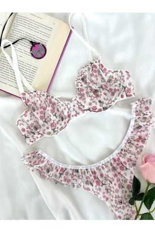 Arinda Butterfly Ekru Tül Çiçek Desenli Balenli Kapsız Fırfırlı Bralette Sütyen Tanga İç Çamaşırı Takımı Alt Üst 2 Parça