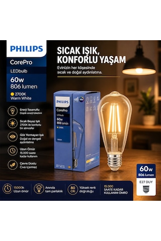 Philips Corepro St64 Led Filament Rustik Ampul 7w E27 - 2700k, 806 Lümen, Cam Gövde, Kod 346758 00- 10'li Paket Diğer