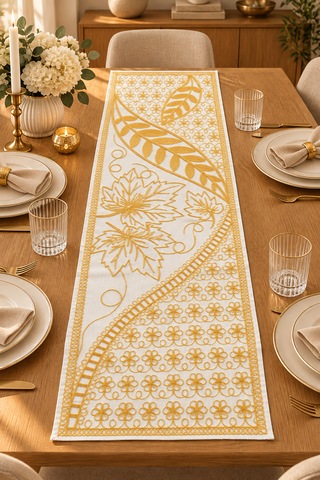 Nakışlı Geometrik Desenli Dekoratif Runner Masa Örtüsü 45x120 Cm Sarı