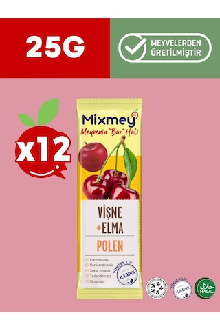 Mixmey Bee Polen Vişne Meyve Barı 12 Adet | Sağlıklı Atıştırmalıklar – Glutensiz Koruyucusuz 25gr X 12 Adet