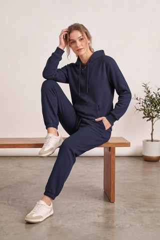 Moibody Kadın 3 İplik Şardonlu Eşofman Takımı Premium Kapüşonlu Sweatshirt Ve Jogger Alt Laci Lacivert Lacivert