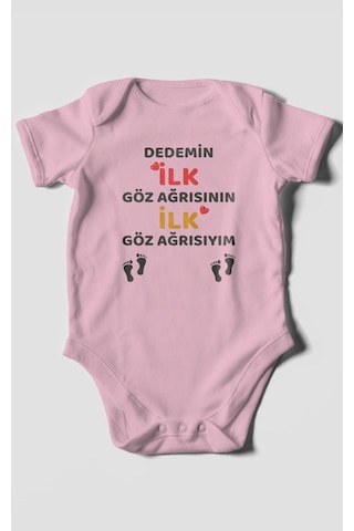 Dedemin İlk Göz Ağrısıyım Baskılı Bebek Zıbını Çıtçıtlı Body %100 Pamuk Kısa Kol Koyu Pembe
