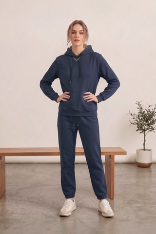 Moibody Kadın 3 İplik Şardonlu Eşofman Takımı Premium Kapüşonlu Sweatshirt Ve Jogger Alt Laci Lacivert Lacivert