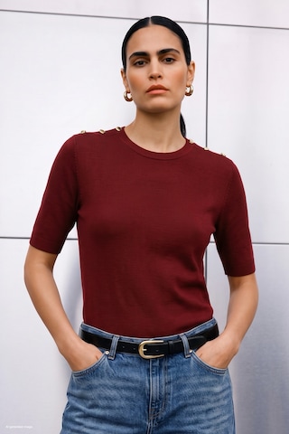 Sateen Omuzları Düğmeli Kısa Kol Triko - Kırmızı-137918