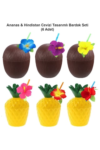 Ananas & Amp Hindistan Cevizi Tasarımlı Pipetli Bardak Seti 6 Adet Çok Renkli