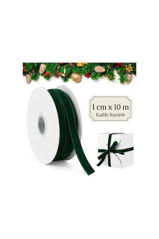 Koyu Yeşil Kadife Kurdele, 1 Cm X 10 Metre, Yılbaşı Hediye Paketi Standart