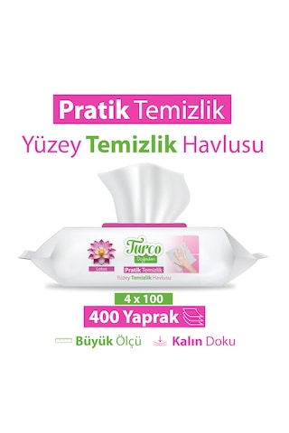 Turco Doğadan Pratik Yüzey Temizlik Havlusu Lotus 4x100 400 Yaprak Beyaz