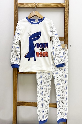 Hçm Erkek Çocuk Pijama Takımı Dinozor Baskılı Bisiklet Yaka C65 Mavı