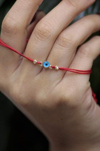 14 Ayar Altın Nazar Boncuklu Dorika Toplu İpli Bileklik Sarı Altın