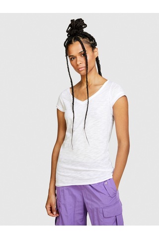 Sisley Pamuk Modal Karışımlı Normal Kalıp V Yaka T-shirt Kadın Beyaz T-shirt - 324p3tnhl4007