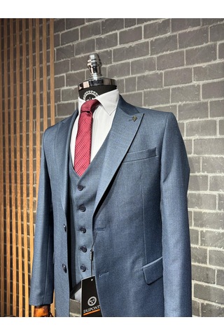Dupont Classics Dupont Erkek Slim Fit 6 Drop Filafil Viskon Sivri Yaka Çift Yırtmaç Yelekli Takım Elbise Açık Lacivert