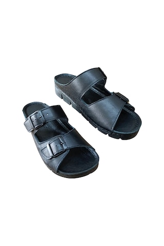 Castle Black 20317 Kadın Hakiki Deri İki Tokalı Comfort Terlik Siyah Siyah